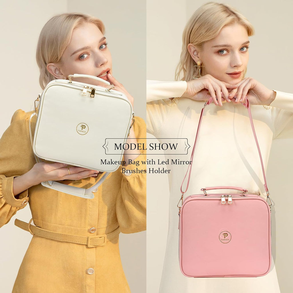 Travel Makeup Bag with Led Mirror and Portable Makeup Train Case Led Bags with Mirror Organizer Bag Travel Gifts for Her Women Bestie White